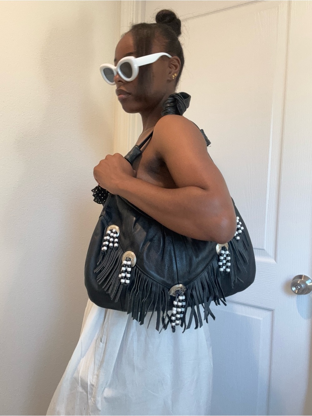 Black Fringe Bead-Accent Shoulder Bag